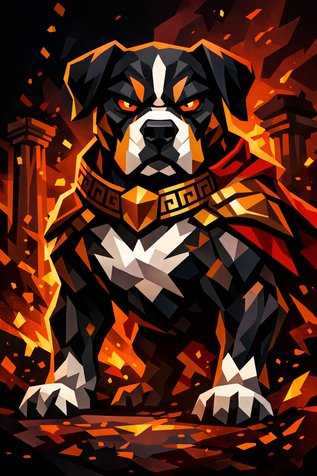 Anya, the Bone and Saucer guardian — a geometric low-poly Pitbull Rottweiler mix standing guard in ember flames, wearing a Greek key gold collar, surrounded by floating embers and ruined columns
