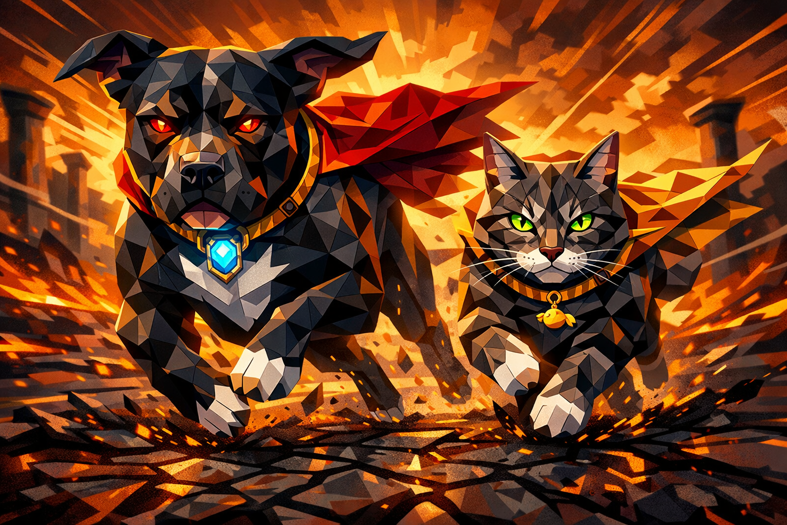 Anya and Saucer — the Bone & Saucer guardians charging forward through volcanic ruins in WPAP geometric art