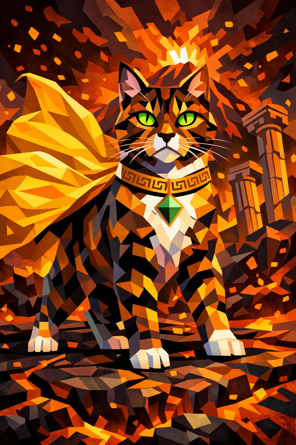 Saucer — brindle tabby guardian, Greek key gold collar with green diamond saucer amulet, volcanic ruins